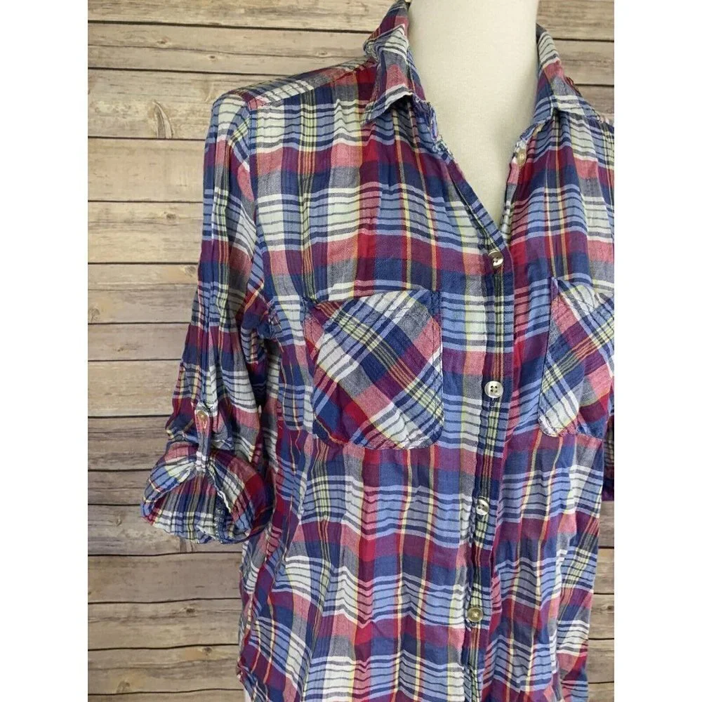 American Eagle Womens M Vintage Boyfriend Plaid Top Button Front Tabbed Sleeves - Picture 2 of 10